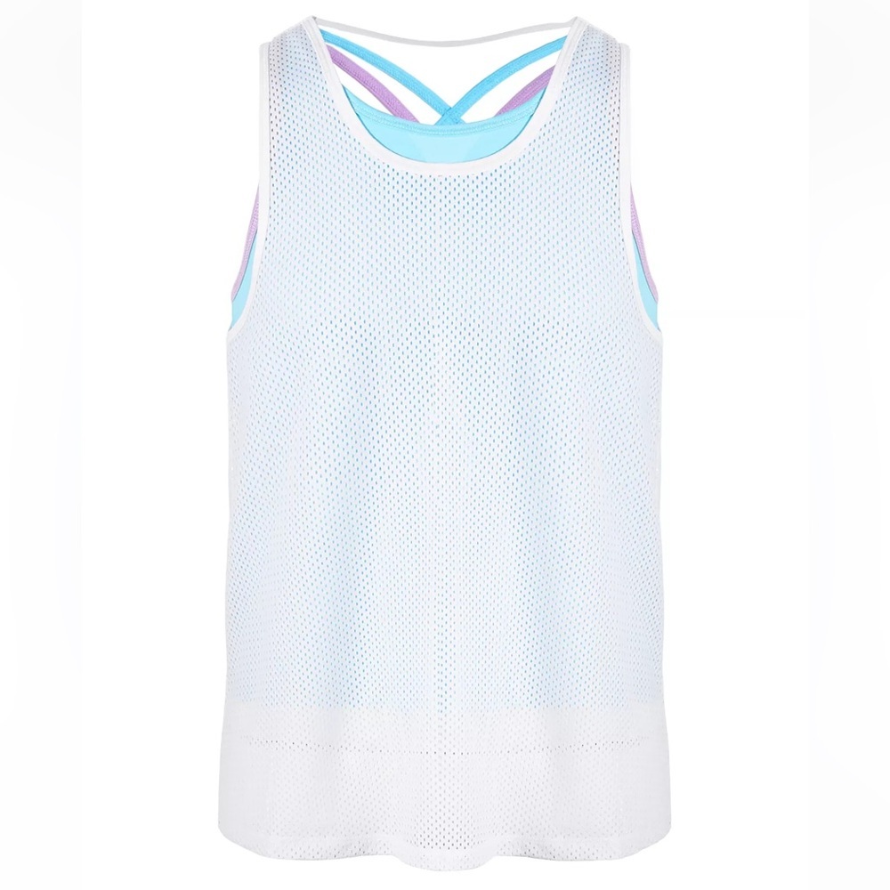 NEW Ideology Girls Mesh Layered Active Tank Top Bright White Blue Purple Large